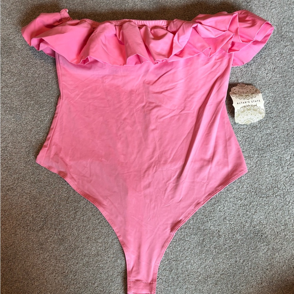 Altar'd State Pink Off-Shoulder Ruffled Bodysuit